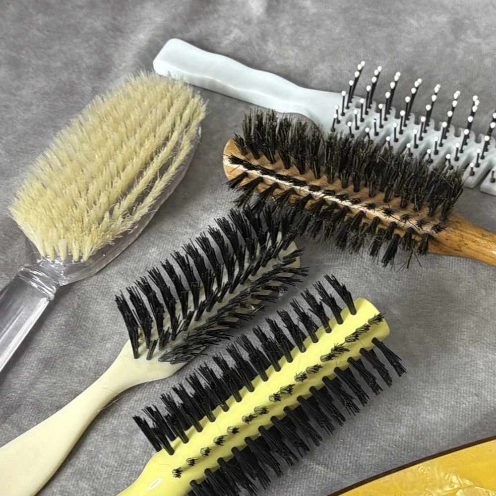 Lot of 11 Vintage Hair Brushes - clear Conair Wooden- Round